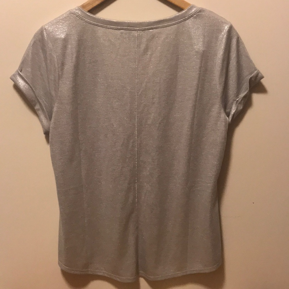 White House Black Market Silver Short Sleeve V-Neck Tee Metallic Silver Gray
